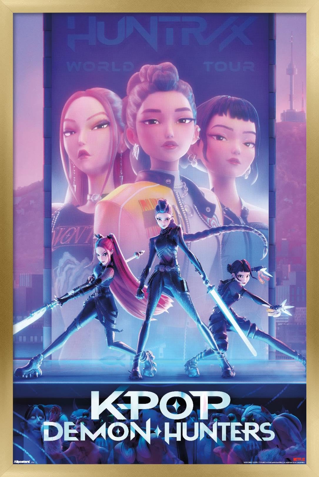 Netflix KPop Demon Hunters (2025) - One Sheet Wall Poster, 22.4L" x 14.7W", Gold Framed Version