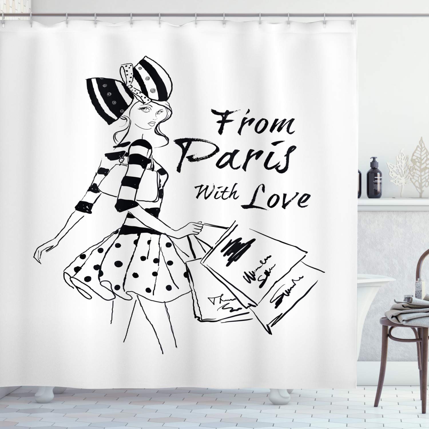 ABAKUHAUS Paris Shower Curtain, from Paris with Love Fashion Hand Drawn Girl Figure Shopping Polka Dot Design Skirt, Fabric Bathroom Decor Set with Hooks, 94" Inches, White Black
