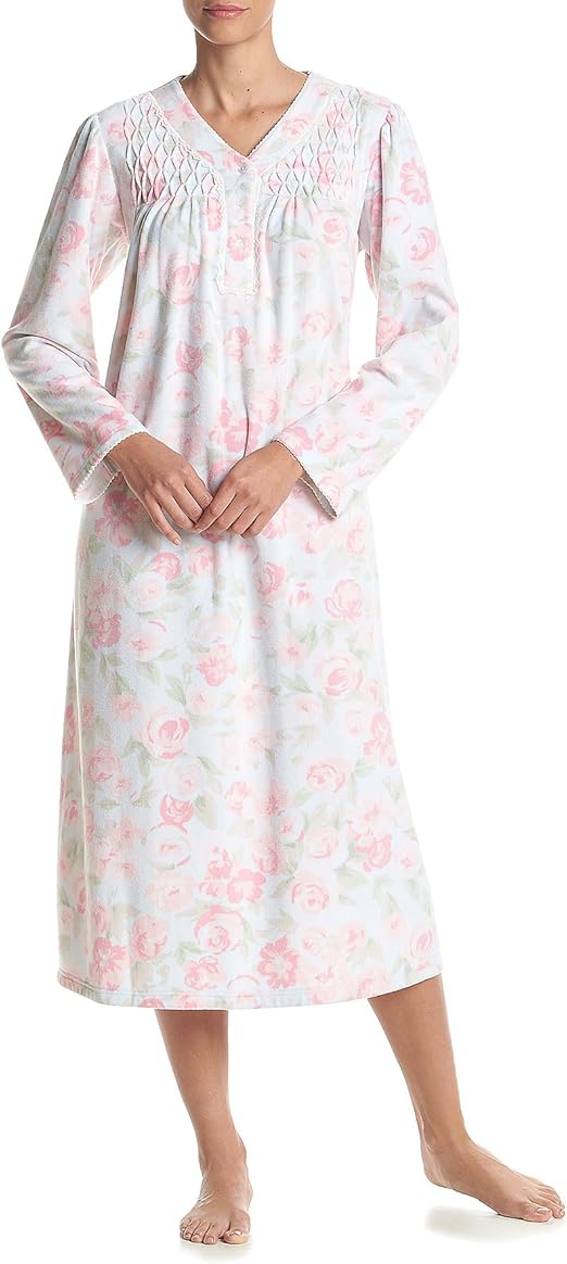 Miss Elaine Nightgowns Long Sleeve Fleece VNeck Gown Pink Floral