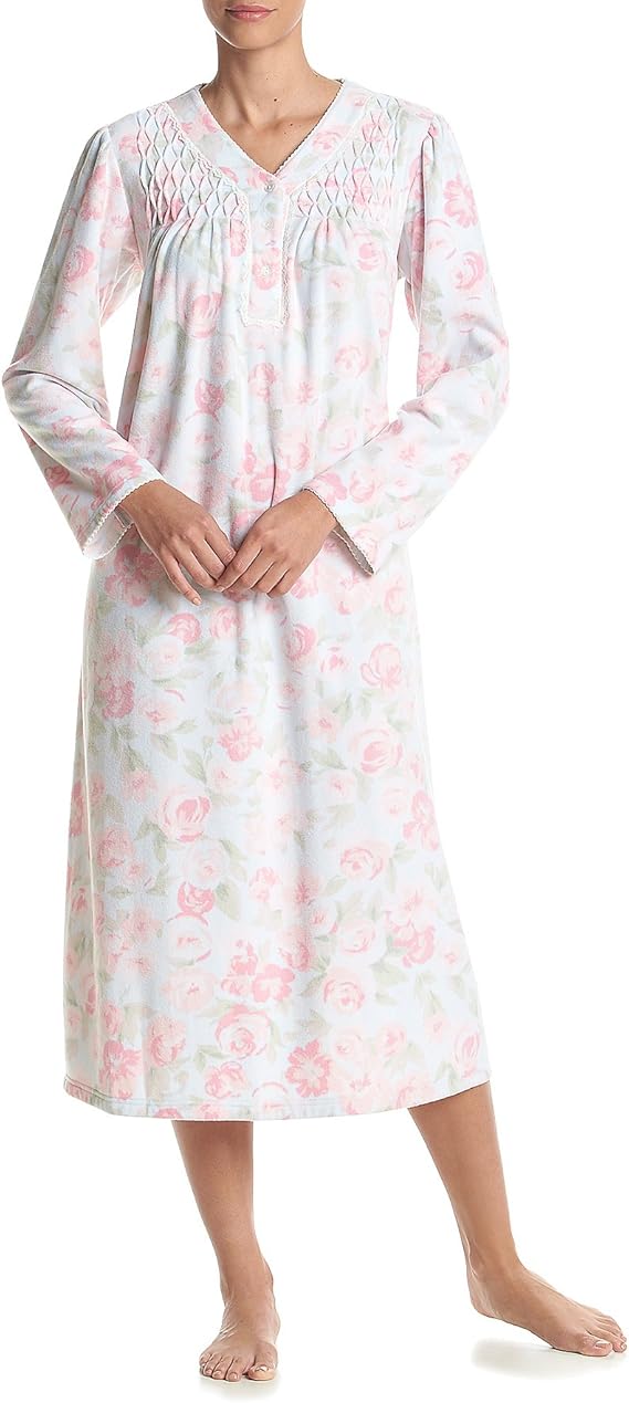 Miss Elaine Nightgowns Long Sleeve Fleece VNeck Gown Pink Floral