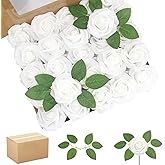 WANTMAZOR 200PCS Artificial Flowers White Roses Real Looking Foam Fake Roses with Leaves and for DIY Wedding Bouquets Bridal Shower Centerpieces Party Decorations (White, 200)