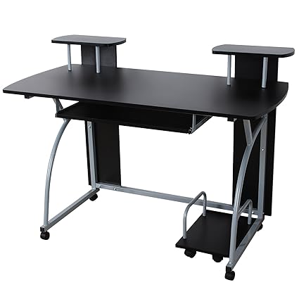 VASAGLE Schreibtisch Computertisch mit Rollen PC Tisch mit Tastaturauszug 2 Regale 120 x 59 x 90 cm LCD812B