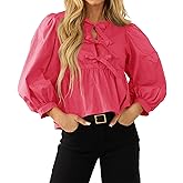 Women's Babydoll Tie Front Tops Puff 3/4 Length Sleeve Cute Casual Summer Peplum Blouses Shirts 2025