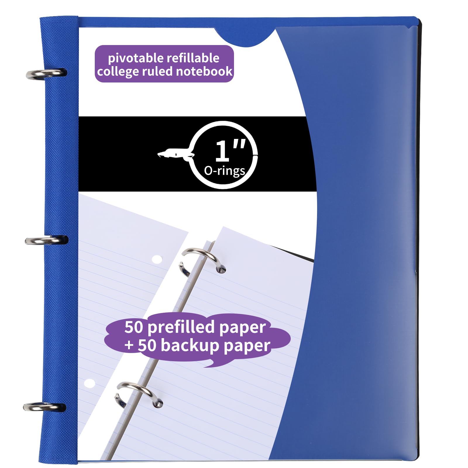 Photo 1 of Tashkummy Pivotable Refillable Notebook, 1 Inch 3 Ring Notebook Binder, 100 College Ruled Paper, 5 Subject Notebook with Dividers and Folder Pockets, Tabs- Blue