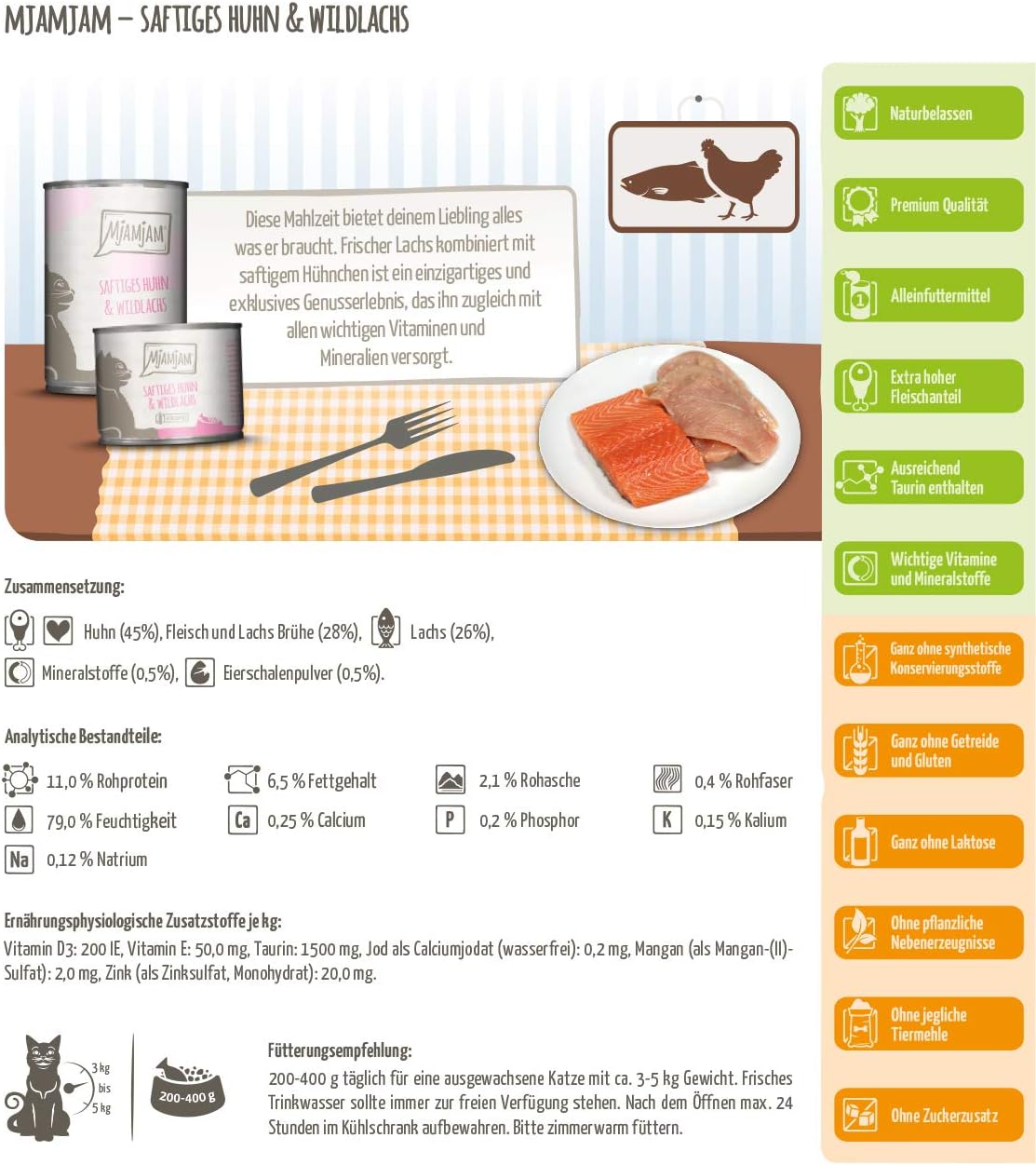 MjAMjAM - premium wet food for cats - juicy chicken and wild salmon, pack of 6 (6 x 800 g), grain-free with extra meat - Image 4
