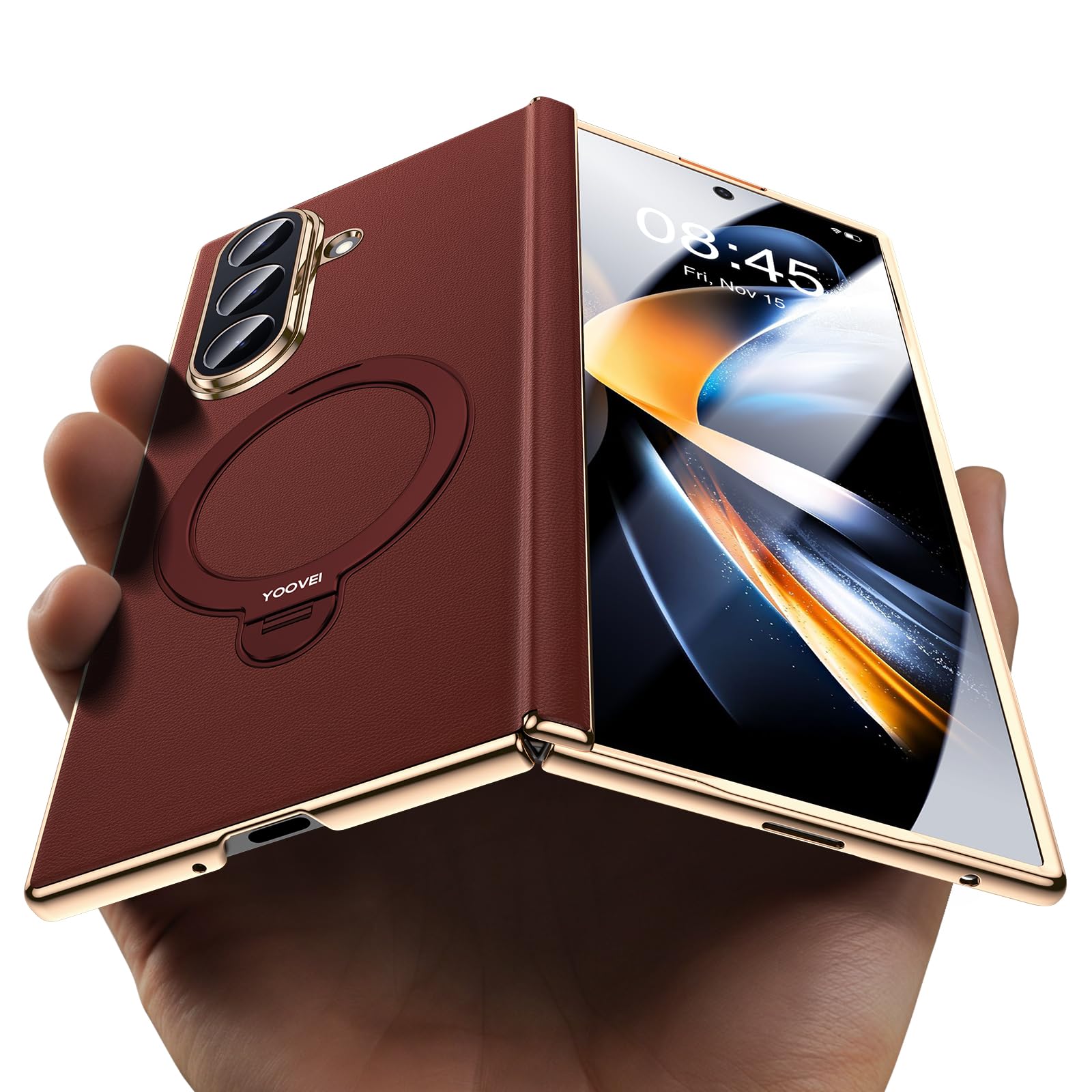 Photo 1 of YOOVEI Magnetic for Samsung Galaxy Z Fold 7 Case Luxury Leather [Hinge Protection] Built-in [Screen Protector] [Fit for MagSafe] Zfold 7 Case with Kickstand & Ring Holder,Red