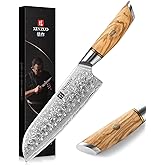 XINZUO Damascus Steel Santoku Knife 7 Inch,73 Layers Damascus Powder Steel,Professional Sharp Slicing Knife Vegetable Cooking Knife-with Ergonomic Olive Wood Handle