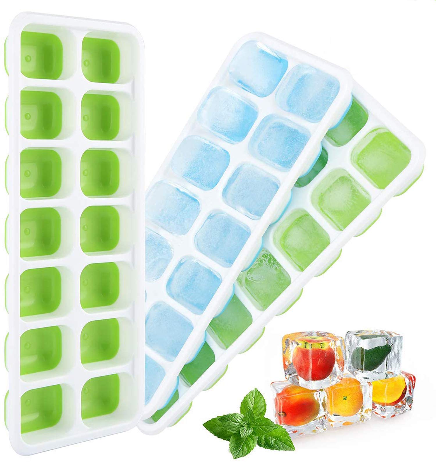 DELFINOIce Cube Trays 3 Pack Easy-Release and Flexible 14-Ice Trays with Spill-Resistant Removable Lid, BPA free Flexable Durable Stackable and Dishwasher Safe