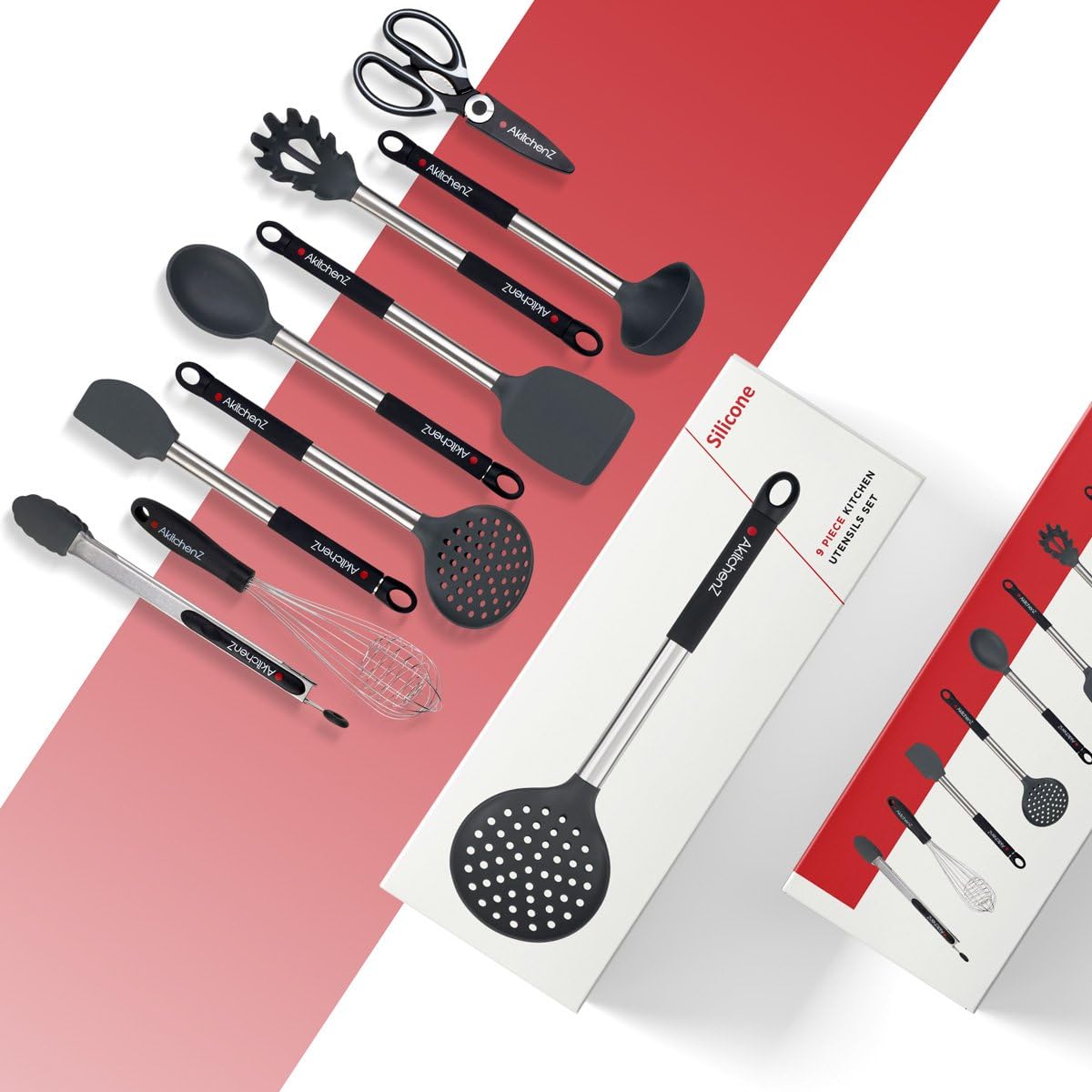 Kitchen Utensil Set 9 Kitchen Tool Set Silicone & Stainless Steel Utensils Heat Resistant Utensils Set Spatula Whisk Tongs Cooking Utensil Set Spoon Utensils Shears Kitchen Tools For Gift: Kitchen & Dining