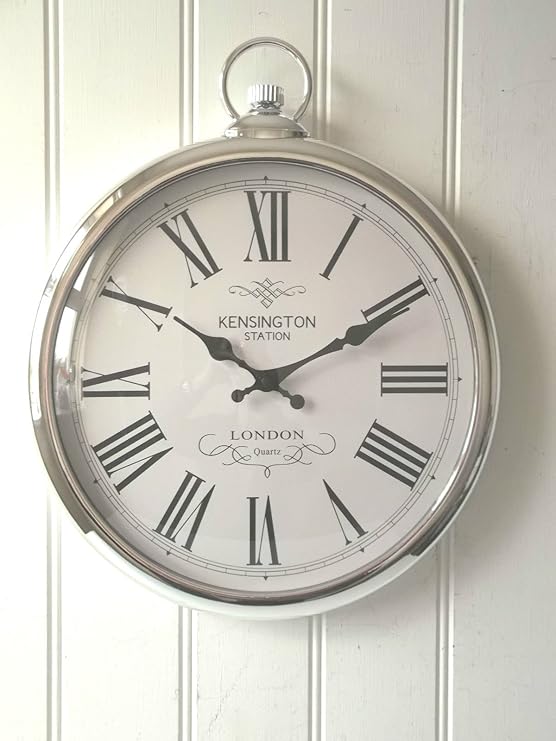 SSITG LARGE SILVER ROUND POCKET WATCH WALL CLOCK Kensington Station