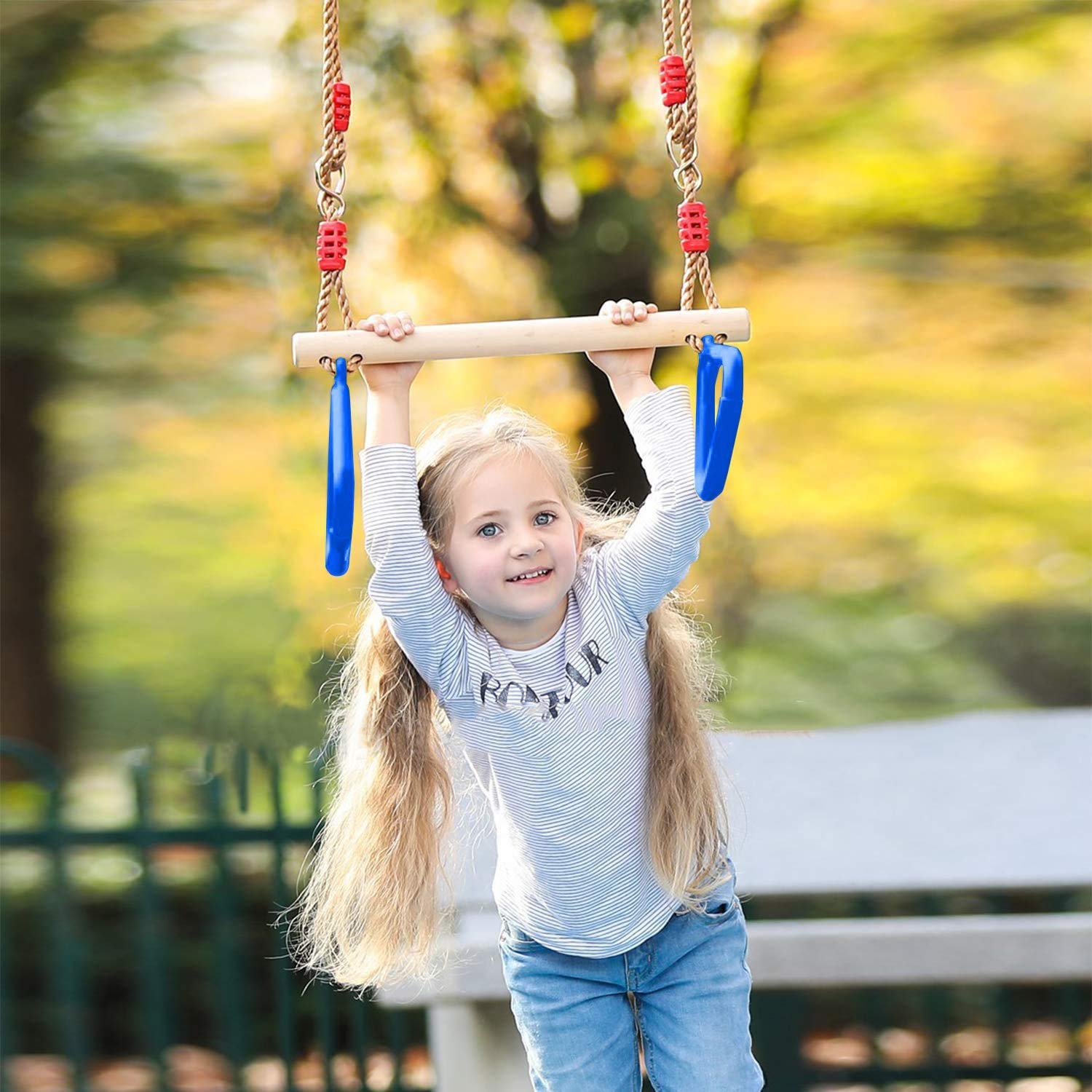 RedSwing Trapeze Swing Bar Rings, Trapeze Bar for Kids with Adjustable Rope, Locking Straps, Outdoor Swing Set Playground Accessories, Blue