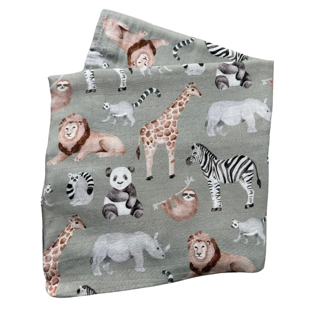 Baby J's - Sage Safari, Bamboo Muslin Swaddle Blanket - X-Large Blankets for Babies and Toddlers - Made with Bamboo and Soft Breathable Cotton - Super Soft with Double Thickness - 120 x 120cm