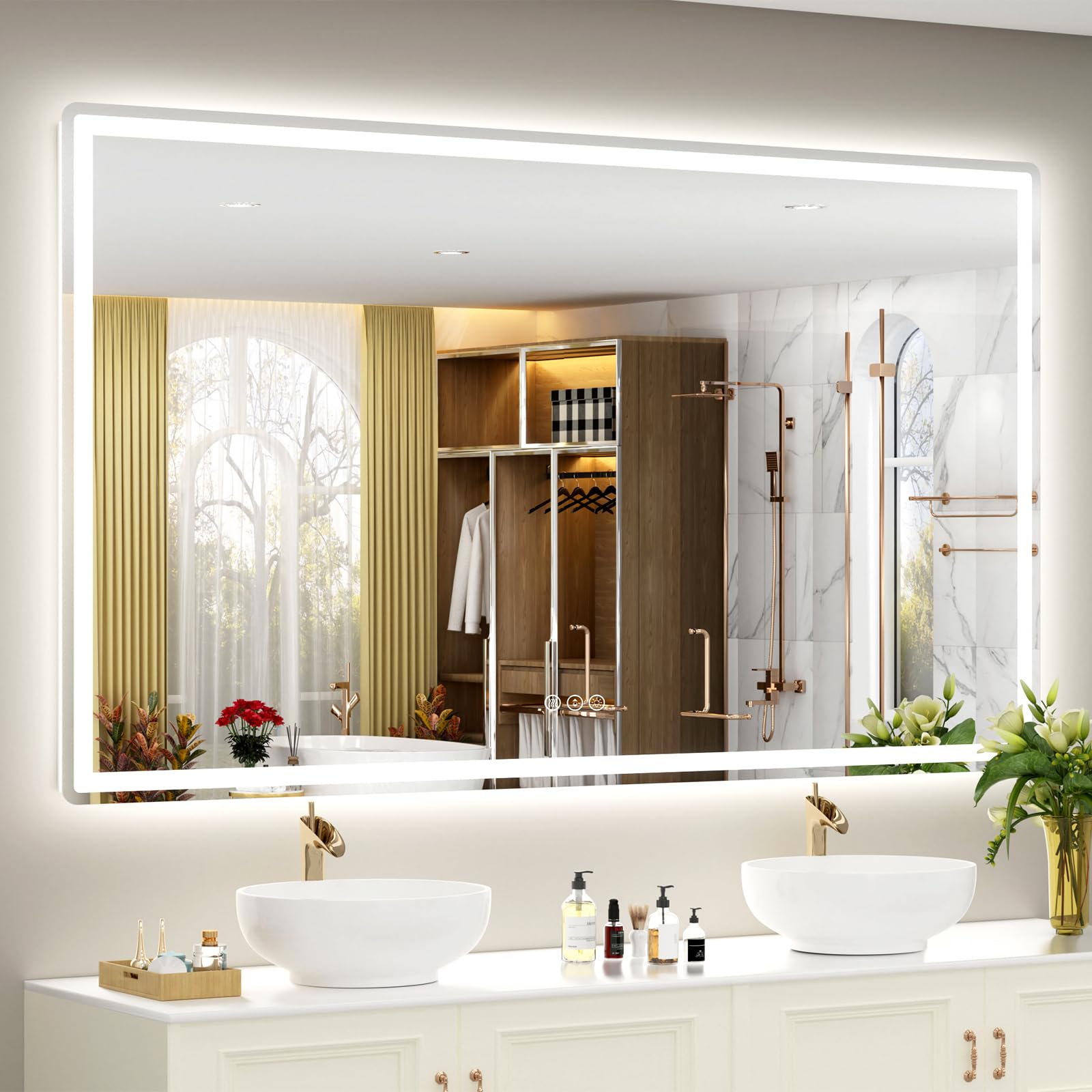 Photo 1 of SMIROR LED Bathroom Mirror with Lights 66"x 40", Rounded Rectangle Lighted Vanity Mirror for Wall, Front Lit and Backlit, 3 Colors, Dimmable, Anti-Fog, Tempered Glass (Horizontally/Vertically)