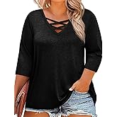 Beautife Womens Plus Size 3/4 Sleeve Tops Summer Casual Criss Cross V Neck T-Shirts Loose Fit Tees Tunic Shirts