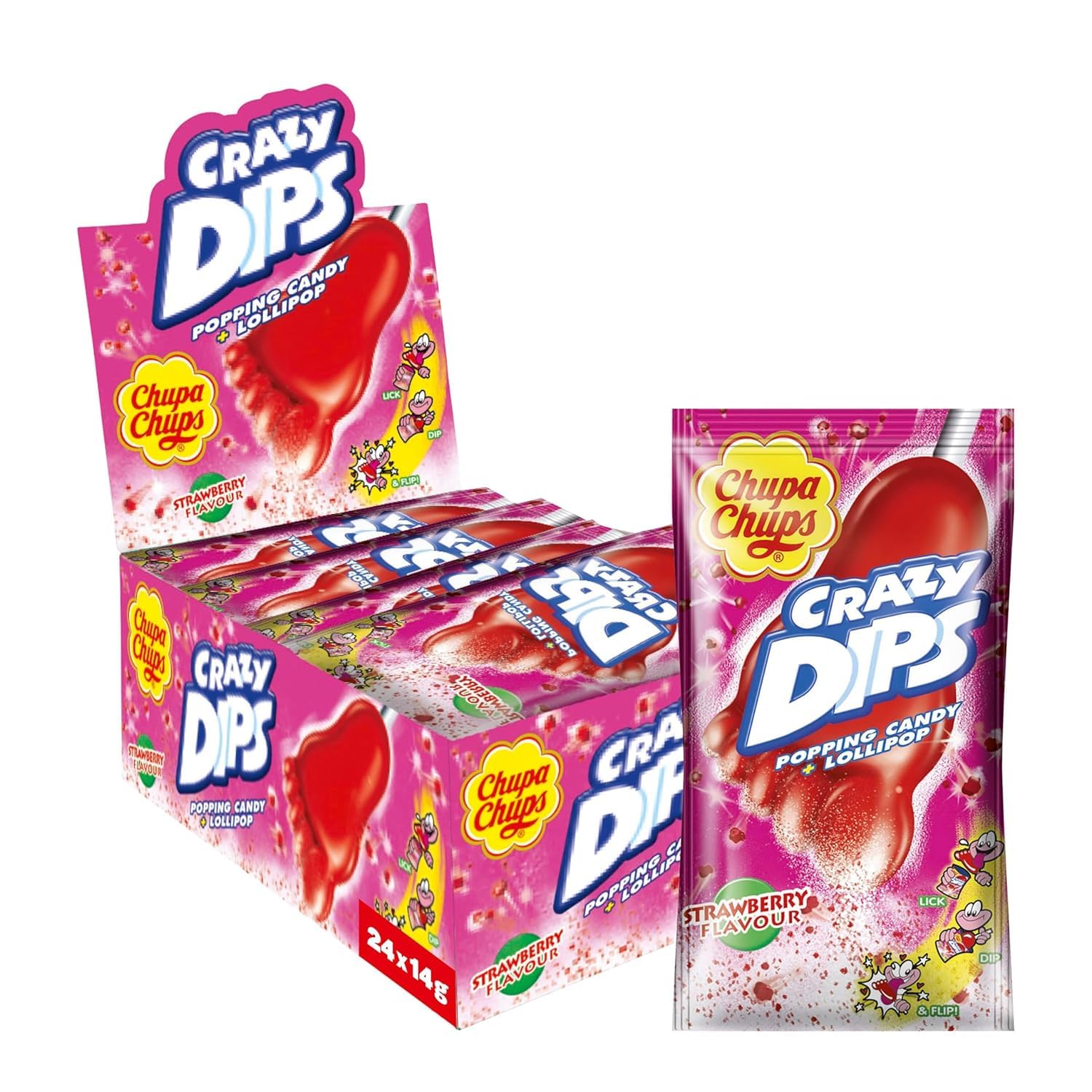 Chupa Chups Crazy Dips Strawberry, enthält 24 Stück, fruchtig-süßer Erdbeer-Geschmack, geeignet für Geburtstag, Halloween, Weihnachten, 24 x 14g