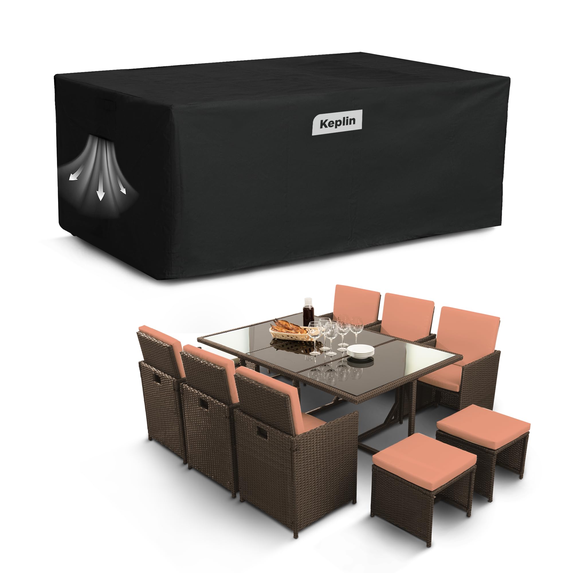 KEPLIN Waterproof Outdoor Furniture Cover - UV, Tear, Fade Resistant, 600D Oxford Fabric, PVC Coating, Air Vent, Attachment Straps & Storage Bag Included for Garden Table & Chairs (180x120x74cm)
