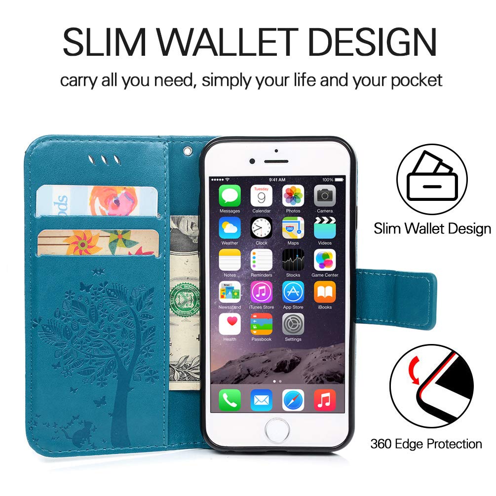 YOKIRIN iPhone 6 Case, iPhone 6S Case (4.7 inch), Wallet Case Soft PU Leather Notebook Tree Embossed Design Case with Kickstand Function Card Holder and ID Slot Slim Flip Protective Skin Cover Blue