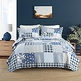 camandy Cotton Bedspread Quilt Bedding Sets 3 Pieces Reversible Coverlet Sets Comforters Rustic Floral Patchwork Blue White Bedspread, King Size