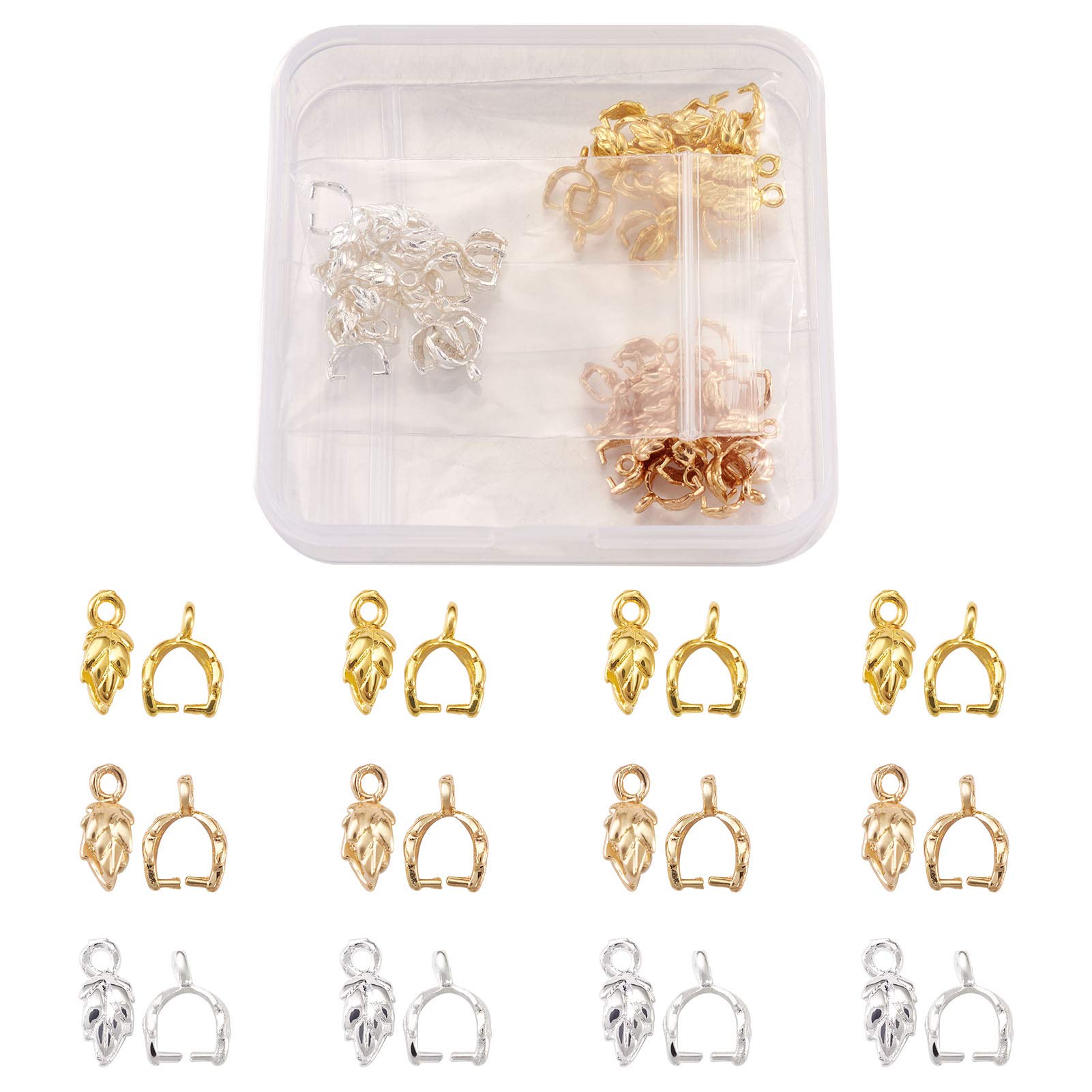 Cheriswelry 60pcs Leaf Ice Pick Pinch Bails Metal Clip Pendants Clasps Hook Bead Hanger Connector Links for DIY Jewellery Necklace Making, 3 Colors