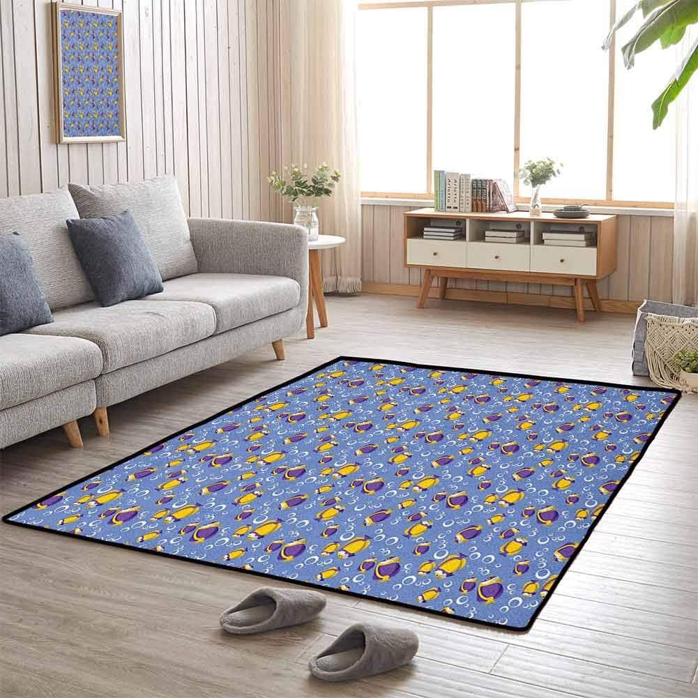 Doormat Floor, Anti-Static, Water-Repellent Rugs Fade and Wear Resistant for Home Decorate, Yellow and Blue | Swimming Fishes Aquarium with Bubbles Underwater Wildlife Pattern - 5'x8'