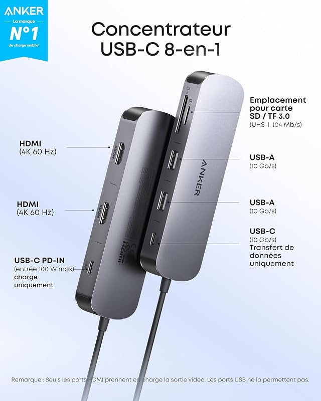 Nano Hub USB C 8 en 1 pour 2 Ordinateurs (Chargeur Non Inclus)