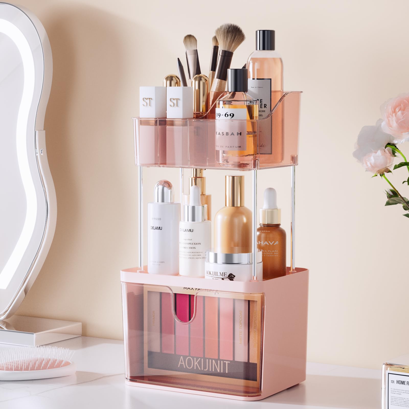 Photo 1 of Delamu Makeup Organizer Countertop, 3-Tier Vanity Organizer with Large Drawers and Top 6-Grid Section, Suitable for Bathroom Counter, Dresser, Storage for Cosmetics, Skincare, Perfume, Lipstick, Pink