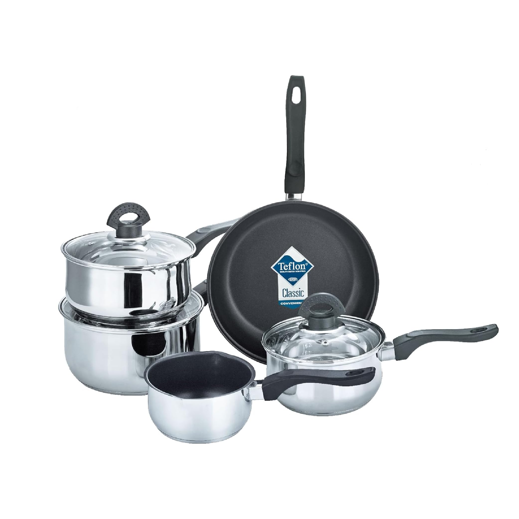 Buckingham Premium 5 Piece Pan Set Glass Lid Saucepan Non Stick Frying Pan Milk Pan Casserole Cookware Set with Bakelite Handle Stainless Steel