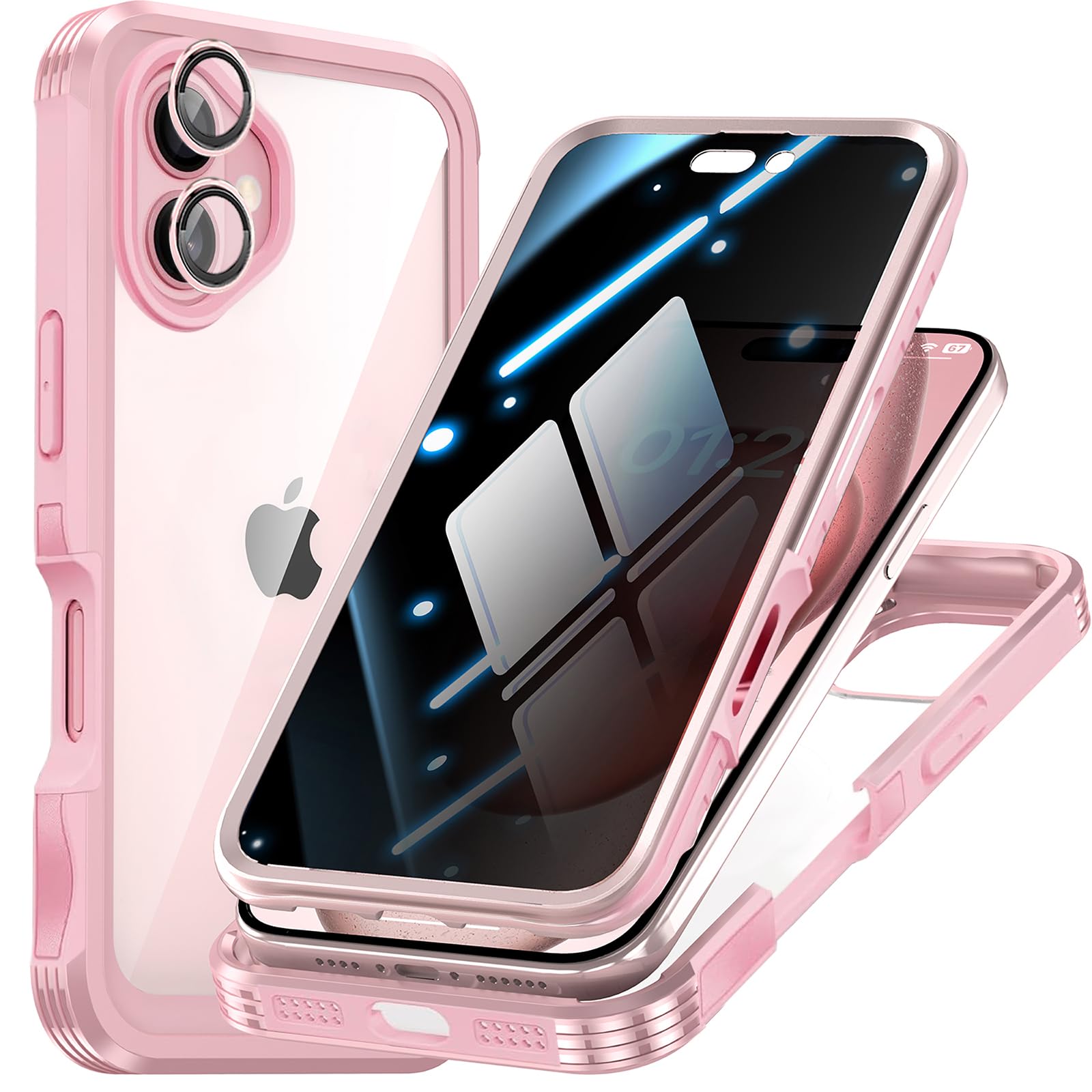 OMGZONE Privacy Case for iPhone 16 Plus,Shockproof Bumper Cover built-in Privacy Screen Protector and Camera Lens Protector,360 Degree Full Body Case for iPhone 16 Plus,Pink — image 1