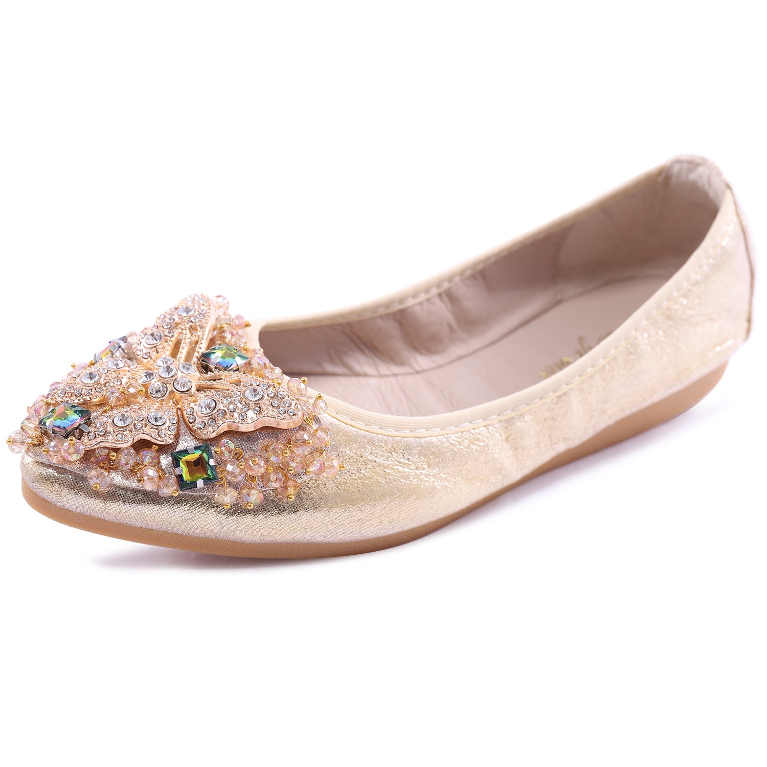 VYKF Womens Ballet Flats Foldable Rhinestone Pointed Toe Comfortable Slip on Wedding Flat Shoes Dress Flats for Women