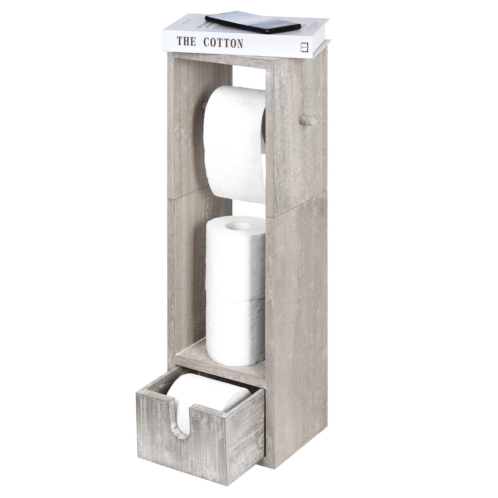 LiheyaRustic Standing Wooden Toilet Roll Holder Open Standing Cabinet for Storage with Toilet Roll Holder Shelf Toilet Shelf Grey for Bathroom