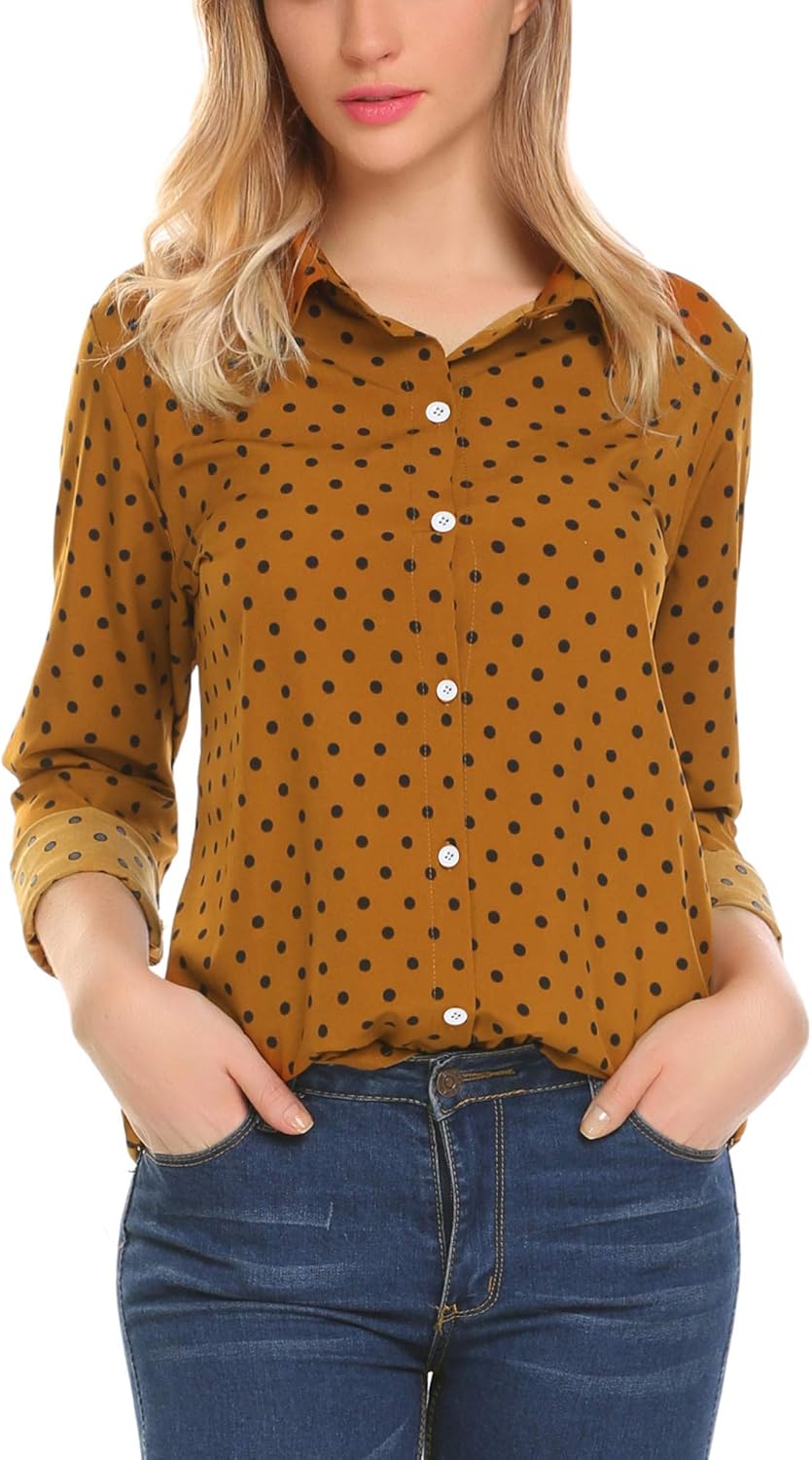 Zeagoo Women's Button Down Shirt Long Sleeve Collared Tops Chiffon Blouse for Women: Clothing