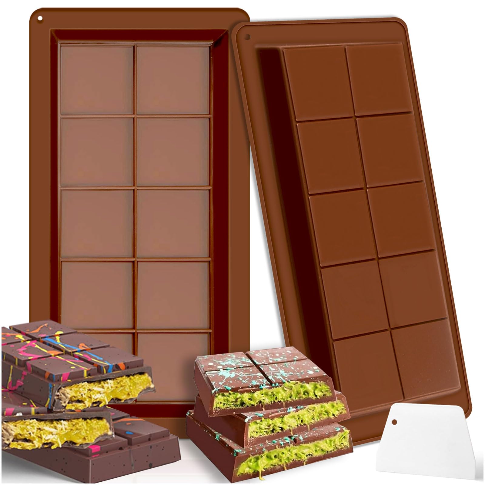 2PCS Silicone Deep Chocolate Bar Moulds,Chocolate Mould with a Spatula,Big and Thick Chocolates Bar Mold,Reusable Moulds for Baking,Molds for DIY Baking Candy Silicone Ice Cube Maker