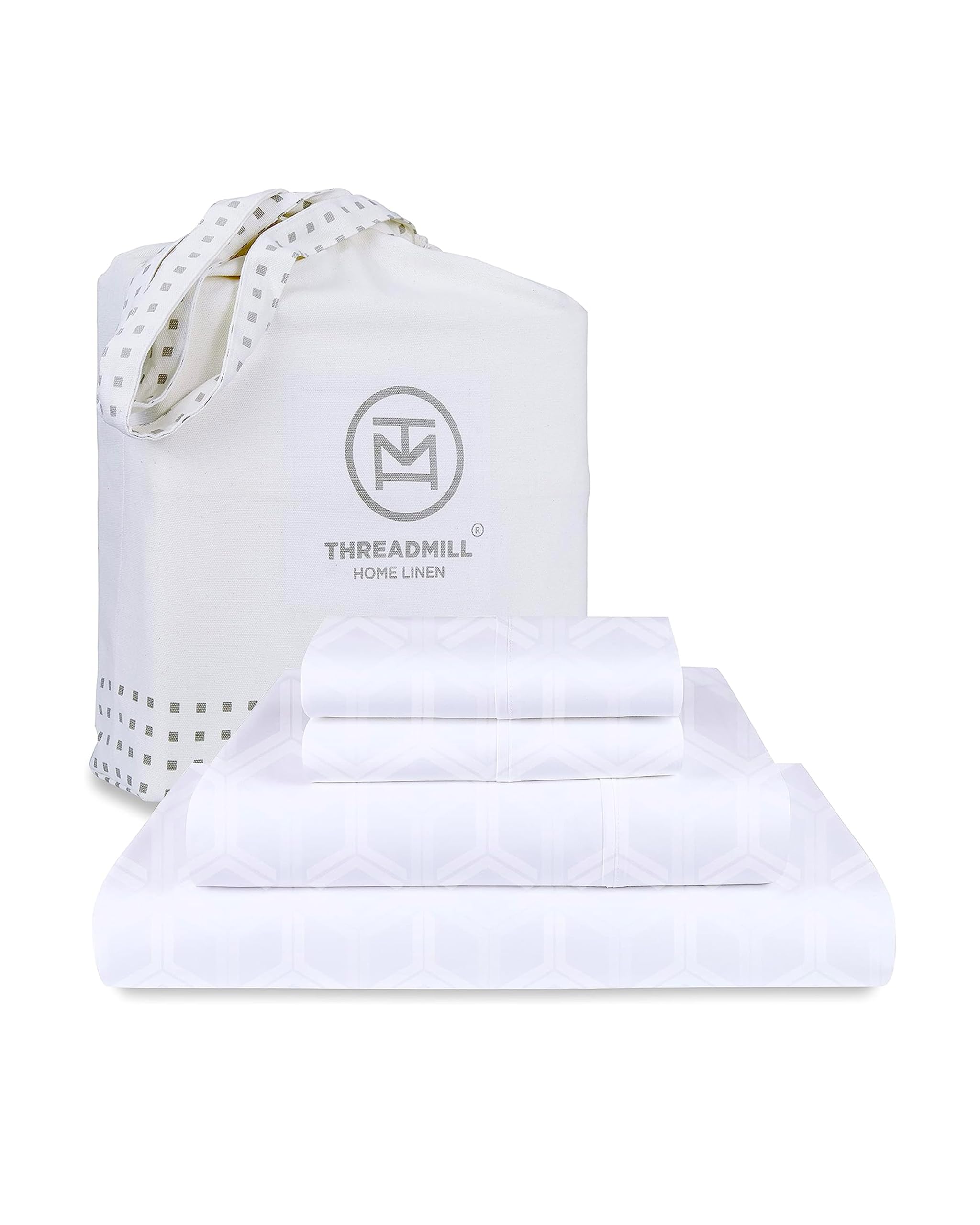 Photo 1 of Threadmill 100% Cotton Sheets for Full Size Bed - 600 Thread Count Full Bed Sheets Set with 16” Deep Pocket - Jacquard Sateen Weave 4-Piece Bedding Set with Cooling Effect, White