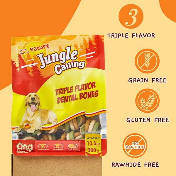 JUNGLE CALLING RAWHIDE FREE DOG DENTAL TREATS, TRIPLE FLAVOR DENTAL CHEWS FOR DOGS, EASY TO DIGEST, TEETH CLEAN DOG BONES FOR SMALL DOGS, 10.6 OZ