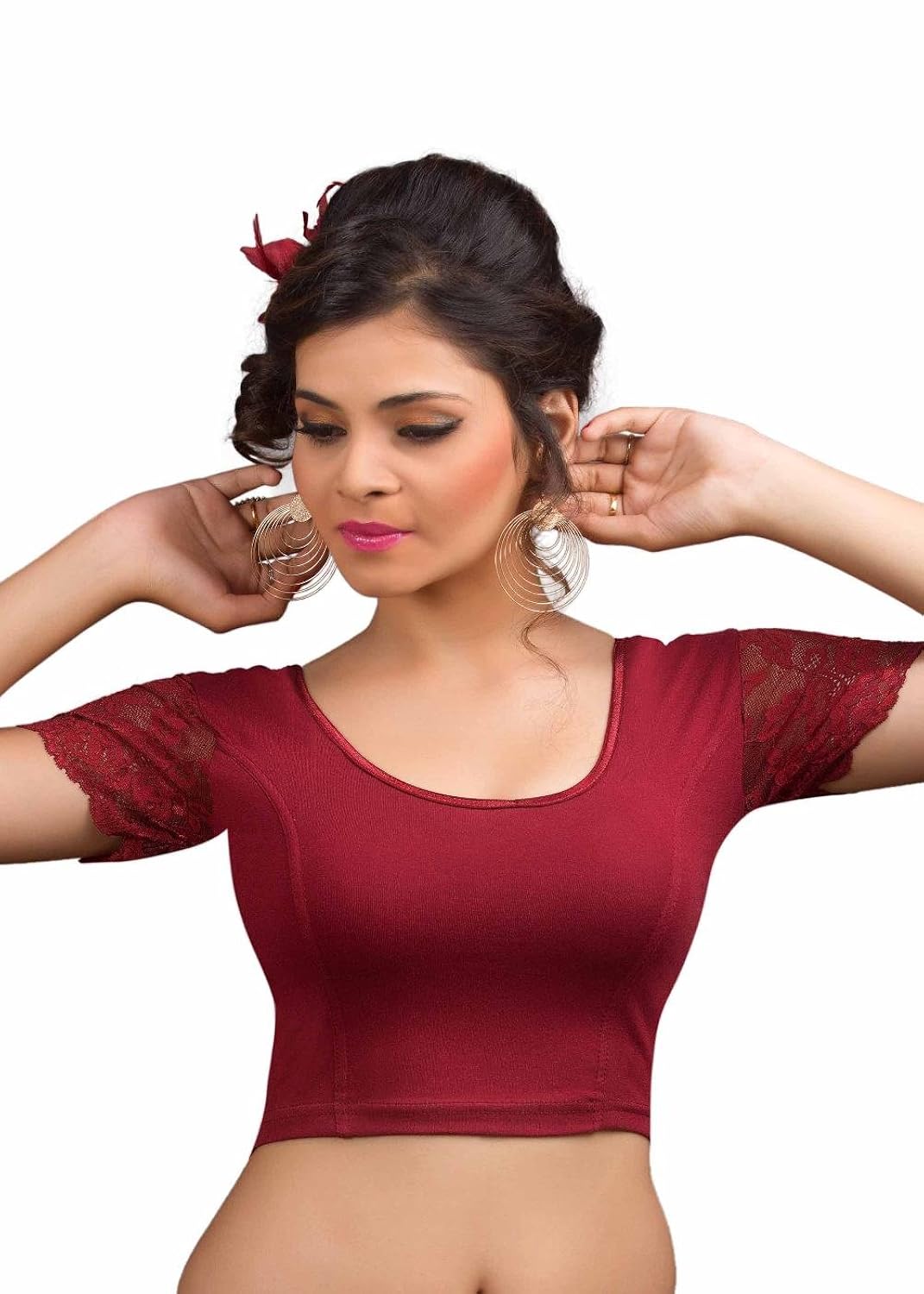 salwar studio women's maroon cotton lycra strechable readymade saree blouse