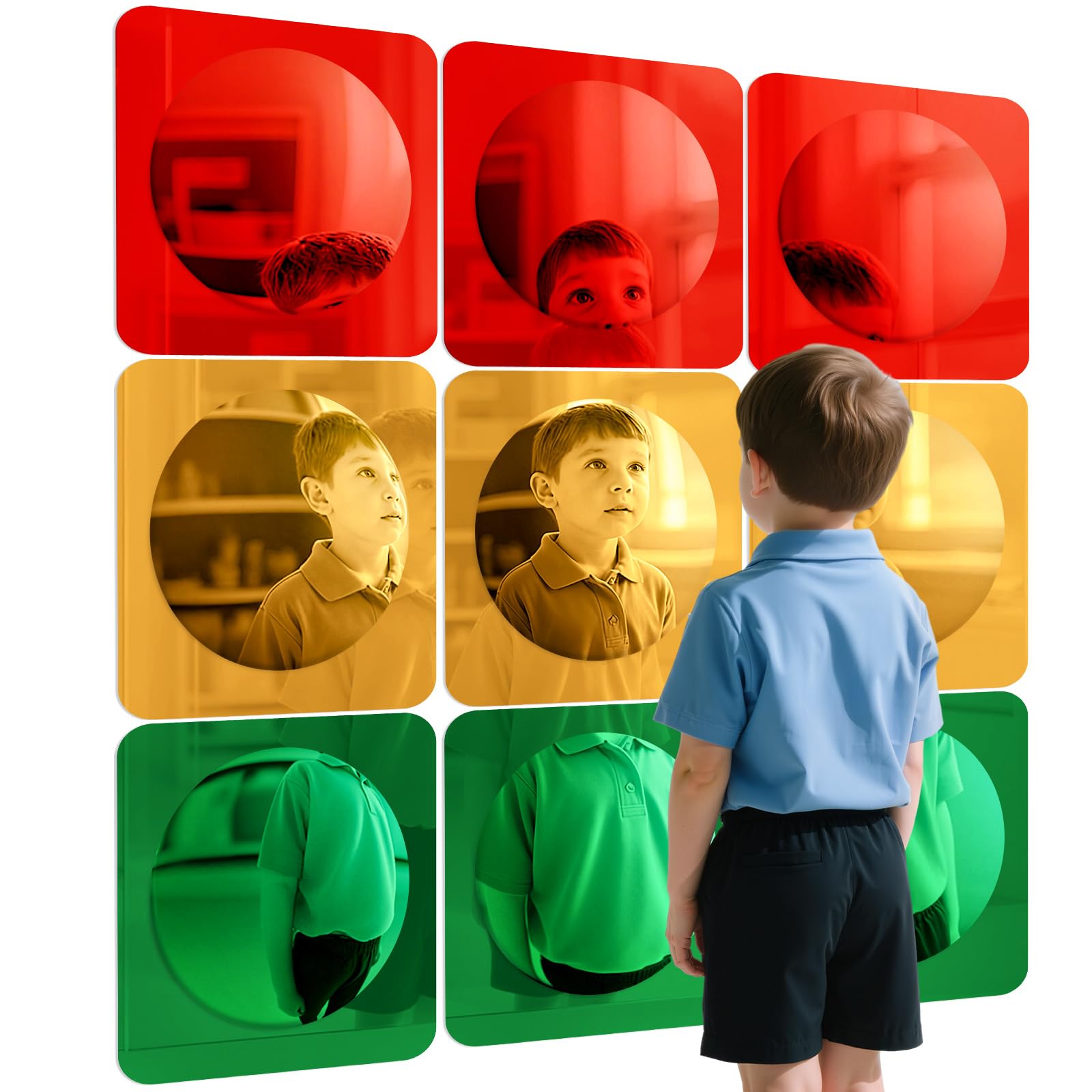 Geiserailie 9 Pcs Sensory Wall Mirror Acrylic Bubble Mirror Toys for Calming Corner Items - Sensory Room Have Visual, Tactile Stimulation (10 x 10 Inch,Red,Yellow,Green)