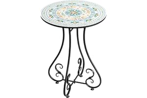 THE HOME CULT Side Table, 16" Round End Table, Unique Relief Ceramic Tile Tabletop with Metal Frame, Metal Scrollwork Accent Table, Coffee Tea Table Nightstand for Living Room, Bedroom, Indoor Outdoor Use