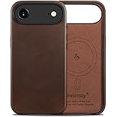 Belemay Handcrafted Full-Grain Vegetable-Tanned Leather Case for iPhone 17 Air, Compatible with MagSafe, Two-Tone Effect, Natural Patina, Camera Control Button, Metal Buttons (6.5") Bourbon Brown
