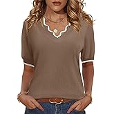 LOMON Womens 2026 Spring V Neck Sweater Casual Tops Short Sleeve Lightweight Ribbed Knit Pullover Sweaters