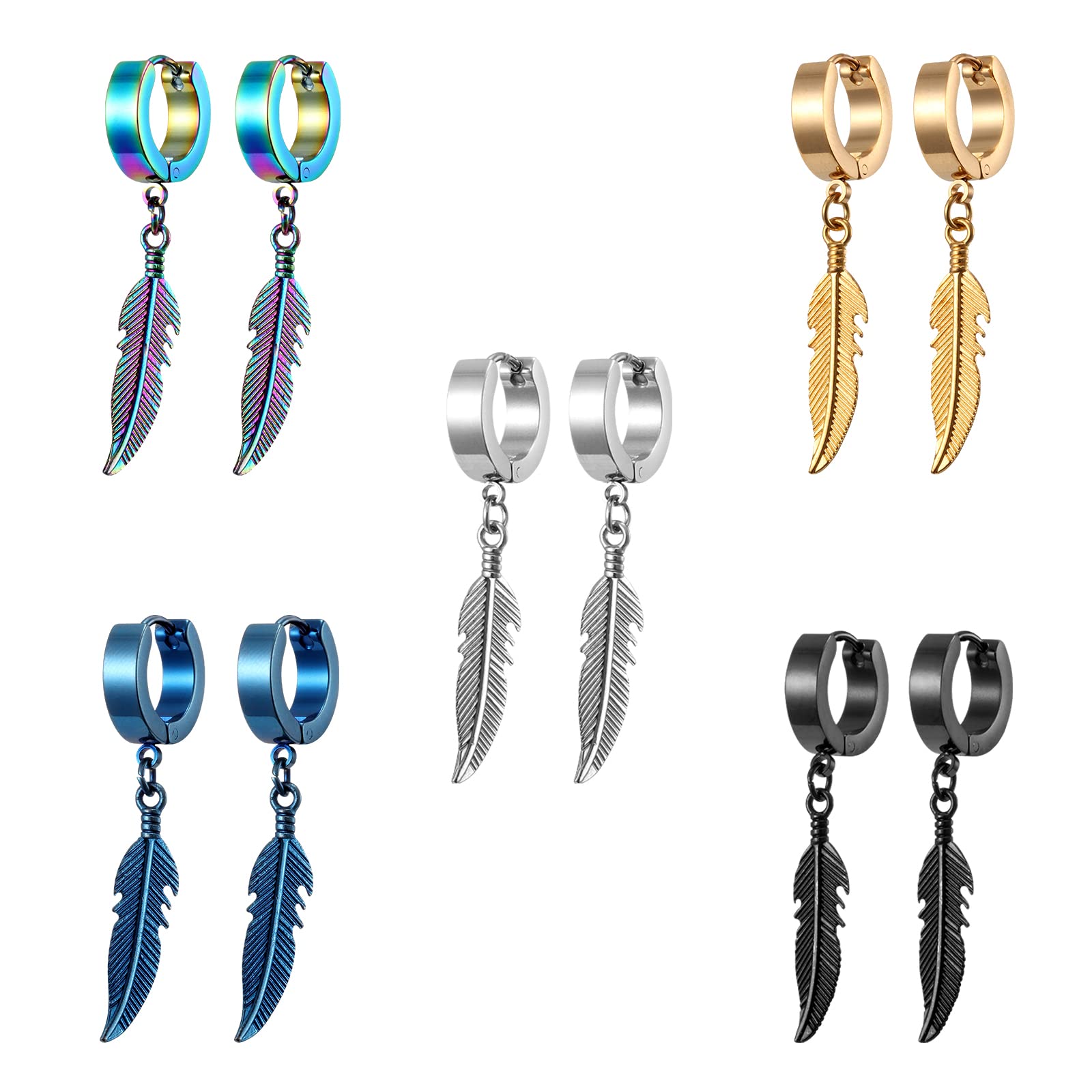Bo Win 5 Pairs Stainless Steel Silver Feather Earrings for Men Women Girls, Men Earrings Hoop Black, Men Dangle Earrings, Women Earrings Hoops, Hinged Huggie Gold Hoop Earrings Men Women Piercing