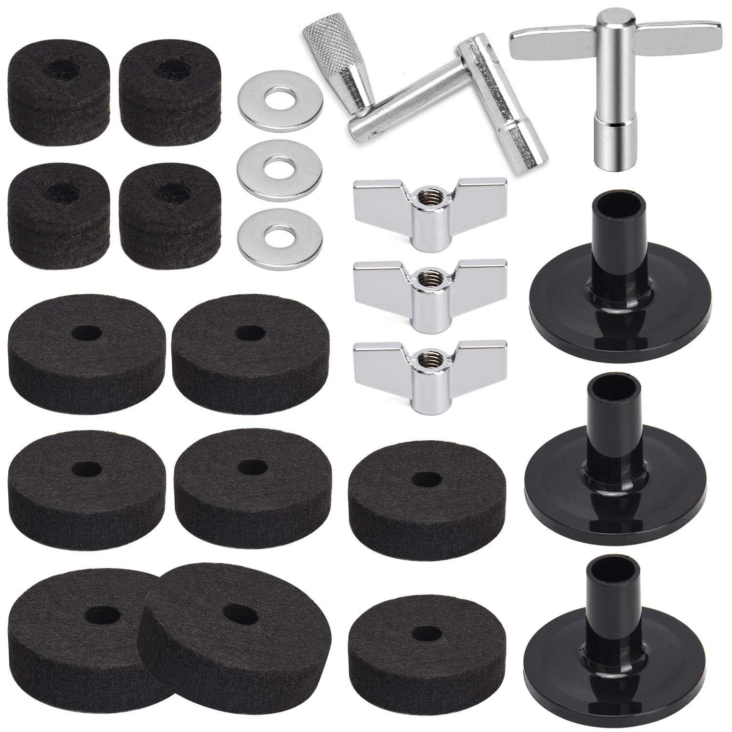 Facmogu 23PCS Cymbal Replacement Accessories, Cymbal Stand Felts, Drum Felt Pads Include Wing Nuts, Washers, Sleeves & Drum Key Accessory Set - Black