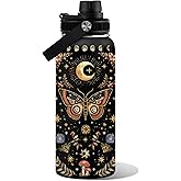 WWHSAI Orange Butterfly Moon Flower Water Bottle 32oz, Boho Aesthetic Stainless Steel Tumbler With Lid, Double Wall Vacuum Insulated Vintage Coffee Travel Cup, Christmas Birthday Gift for Women Girls