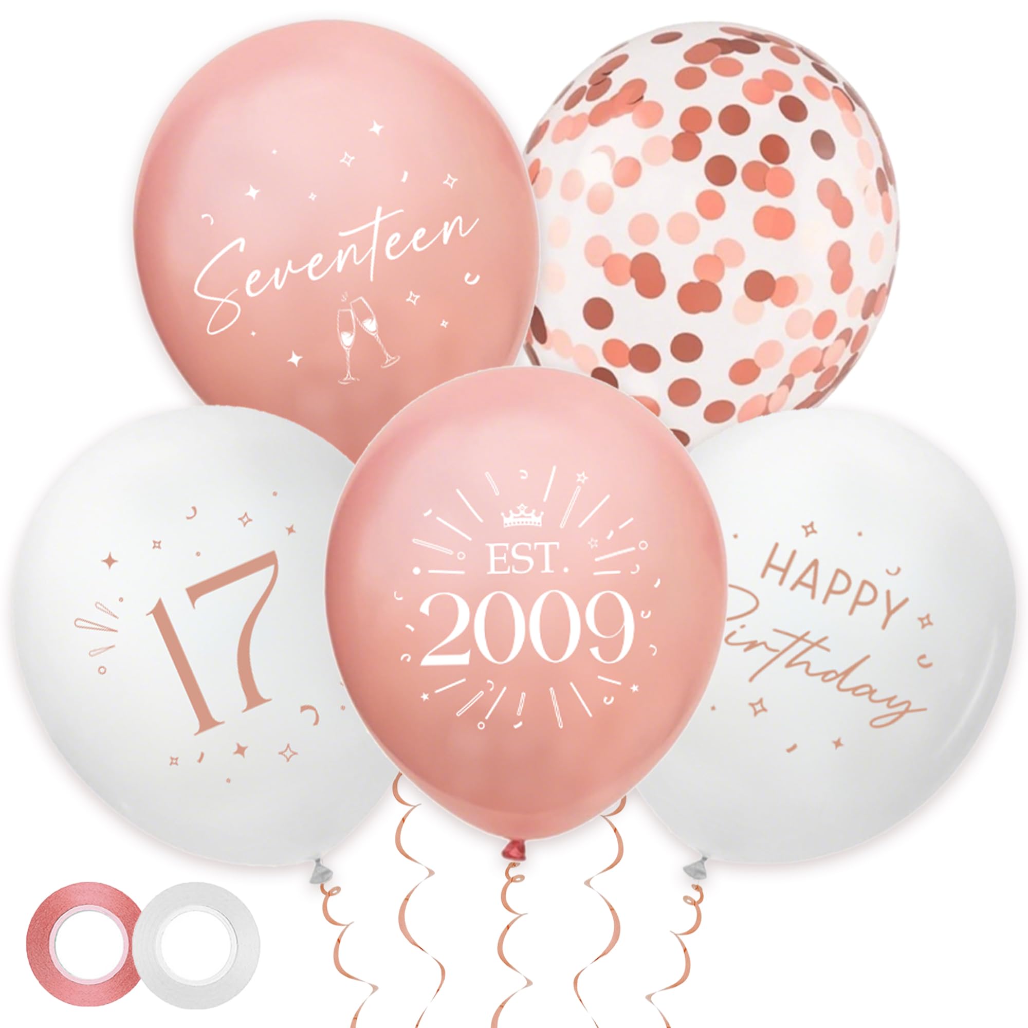 30 Pack 17th Birthday Balloons Decorations - Rose Gold 17 Party Decor for Women Seventeen Balloon with Ribbon, Retro Vintage Classic EST. 2009 Happy 17th Birthday Decoration
