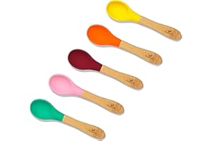 Avanchy Baby Spoons 5 Bamboo and Silicone Set, Self Feeding Food Utensils, 4 Months Baby Led Weaning, 5 Pack W/Pink