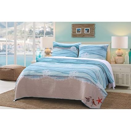 3pc Modern Blue Seaside Full Queen Quilt Set Beach Waves Ocean Themed Bedding Sand Turquiose Shell Coral Birds Nature Nautical Classic Summer Water
