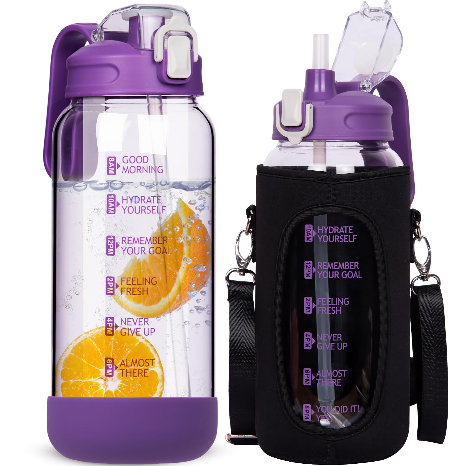 DEARRAY 2 Litre Glass Water Bottle with Straw & Time Markings - Leakproof Motivational Drinking Bottle - BPA Free Carafe
