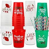 Ainibar Festive 24-Piece Christmas Party Cups 16oz โ Includes 24 Paper Straws, 4 Holiday Designs, Reusable Plastic Cups for Xmas, New Year & Office Parties (Red, Green, White)
