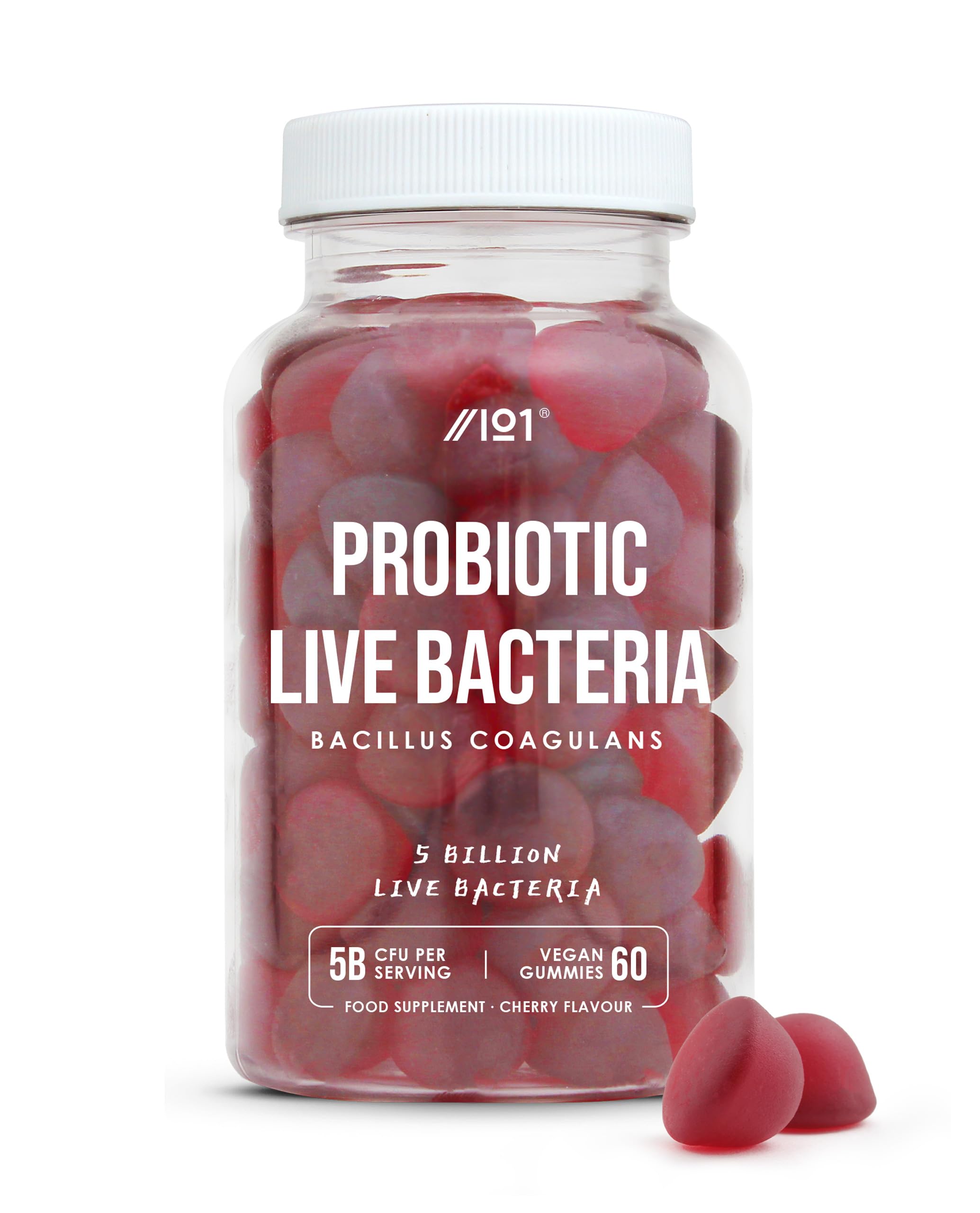 Probiotic Gummies 5B CFU - Bacillus Coagulants Bio Live Bacteria Supplement - 60 Vegan Gummies - Cherry Flavour - By Alpha01