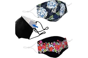 LULU STARR NEW YORK 3PK Three Layer Cotton Cloth Mask with Filter Pocket, Nose Wire & Adjustable Ear Loops. Reusable Washable. 10PK PM2.5 Anti Haze Filters for Masks Included. 1 Black Mask + 2 Designer Print Masks