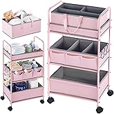 Honeydak 2in1 Baby Diaper Caddy Organizer Cart 3 Tier Large Capacity Metal Utility Bedside Rolling Cart with Divider for Newborn Nursery Essential Must Have for Crib Bedroom Baby Shower(Pink)